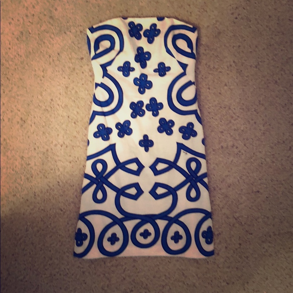 Milly Blue and white print strapless Dress, Sz 2